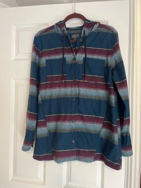 Pendleton Navy Wool Shirt Jacket with Teal, Burgundy & Mustard Stripes